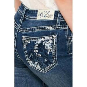 Grace in LA Women's Western Horse Embroidered Crystal Bootcut Stretch Jeans
